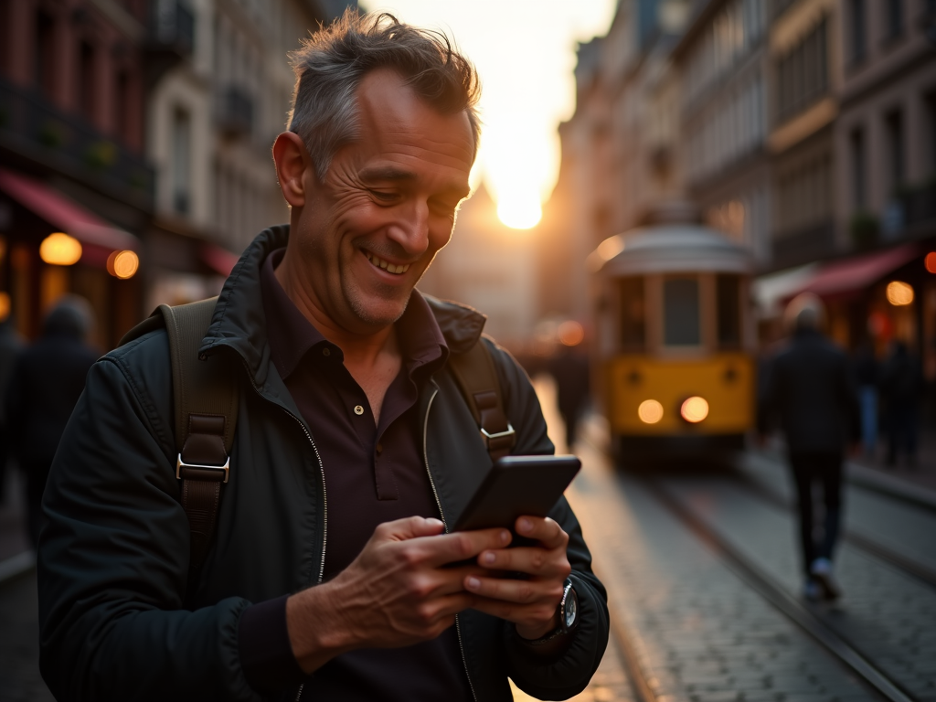 Un homme souriant joue au Bingoal Casino sur son smartphone dans un café belge