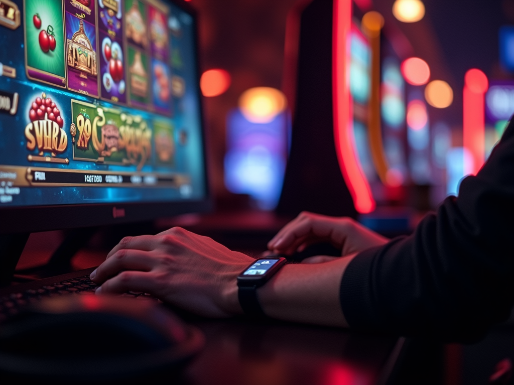 Des joueurs enthousiastes devant un écran d'ordinateur affichant une machine à sous, exclusivités des casinos belges