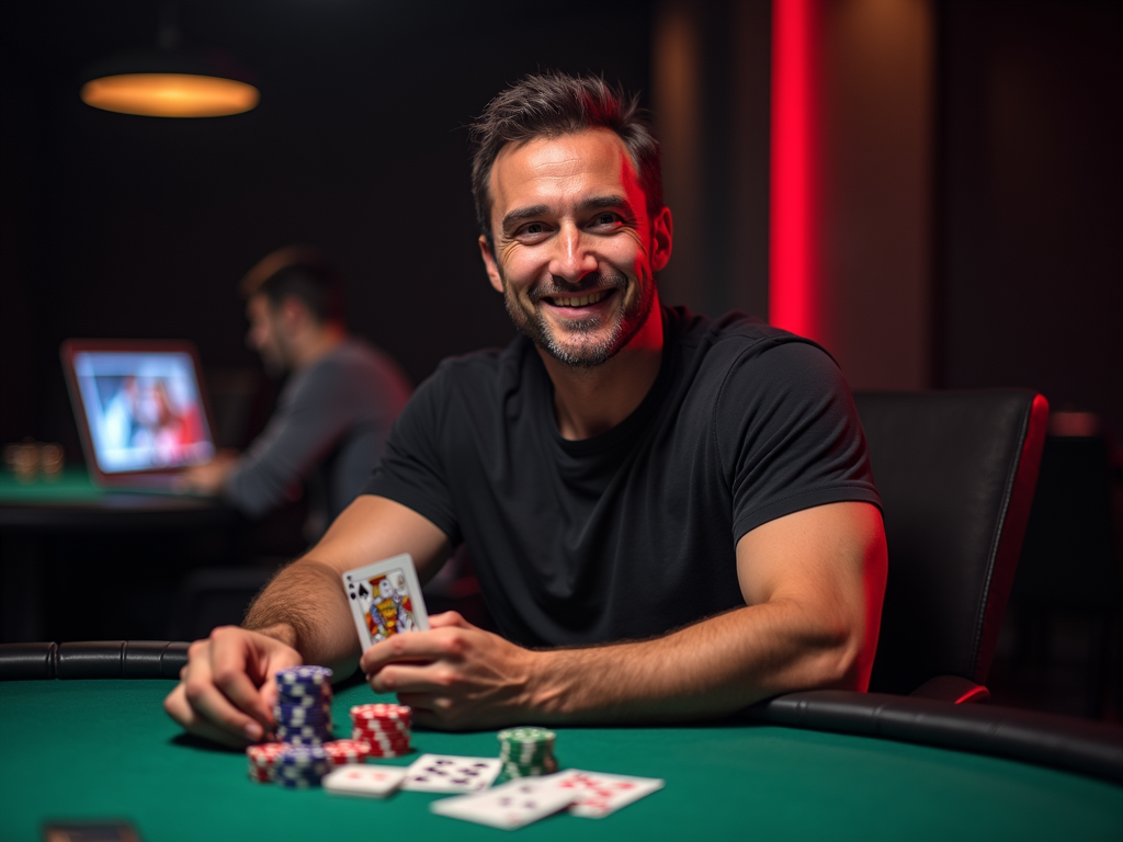 joueurs de poker concentrés autour d'une table avec cartes et jetons