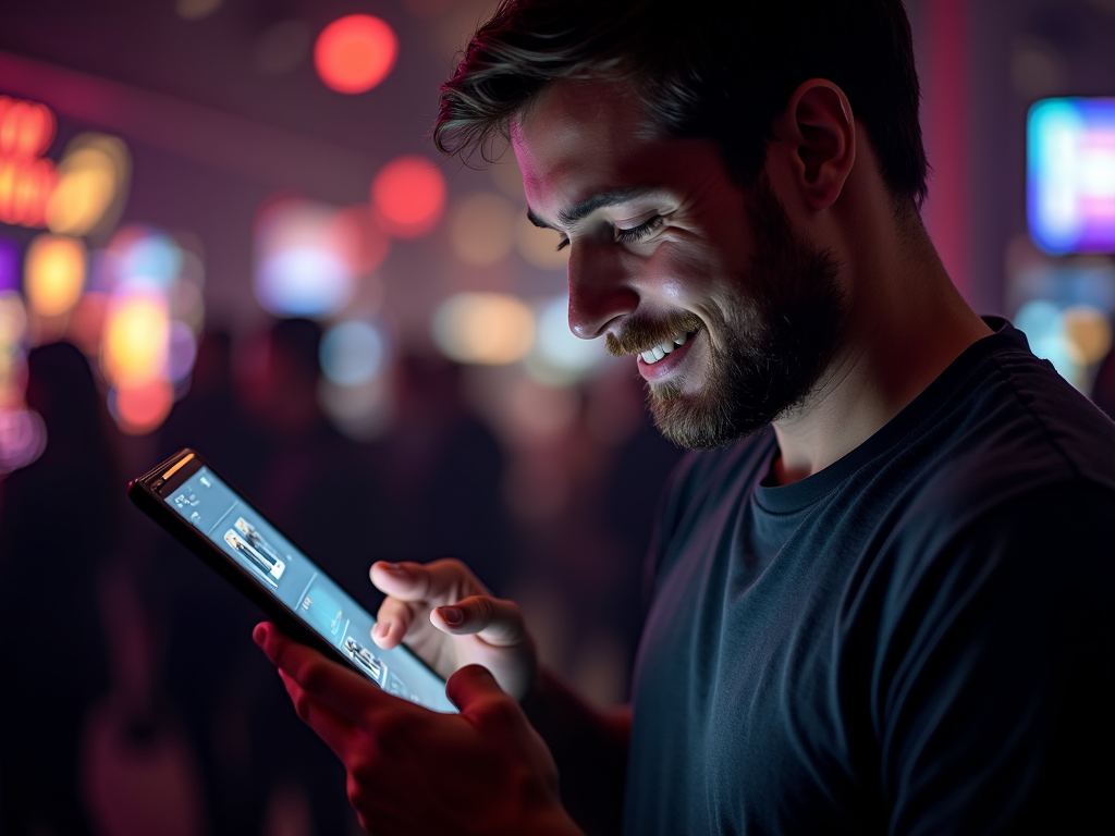 Homme utilisant un smartphone pour jouer au casino en ligne Bingoal, mettant en valeur une interface fluide et sécurisée
