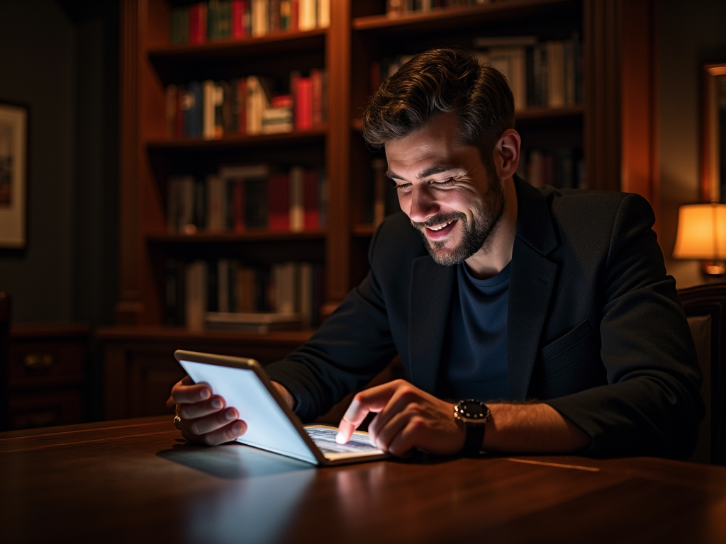 Un homme dans sa bibliothèque, en train de jouer à Casino Elite sur tablette