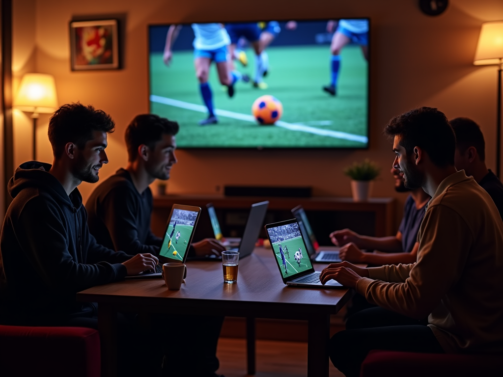 Un groupe d'amis avec des ordinateurs portables ouverts en train de parier sur Magic Betting Sport.