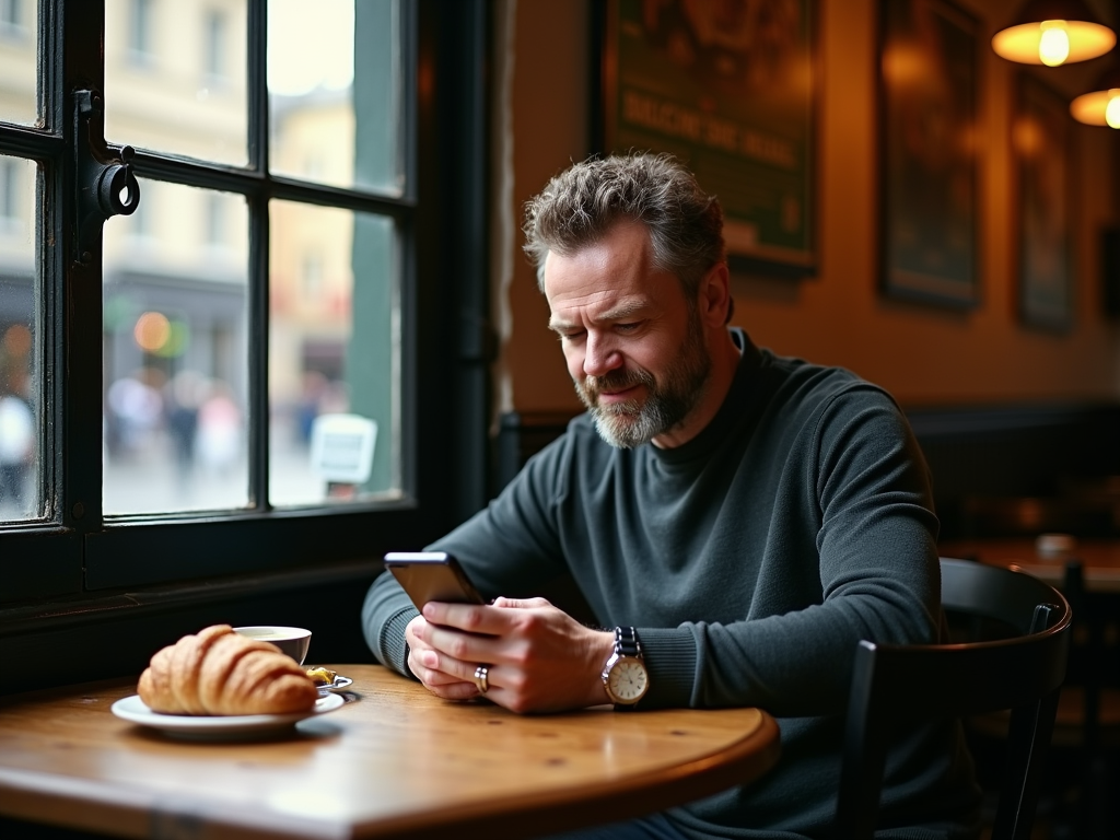 Un homme dans un café pour le petit déjeuné regarde ces paris sportifs sur mobile
