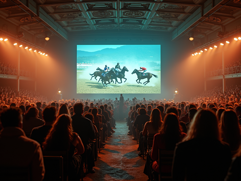 Salle remplit de personnes regardent une course turf