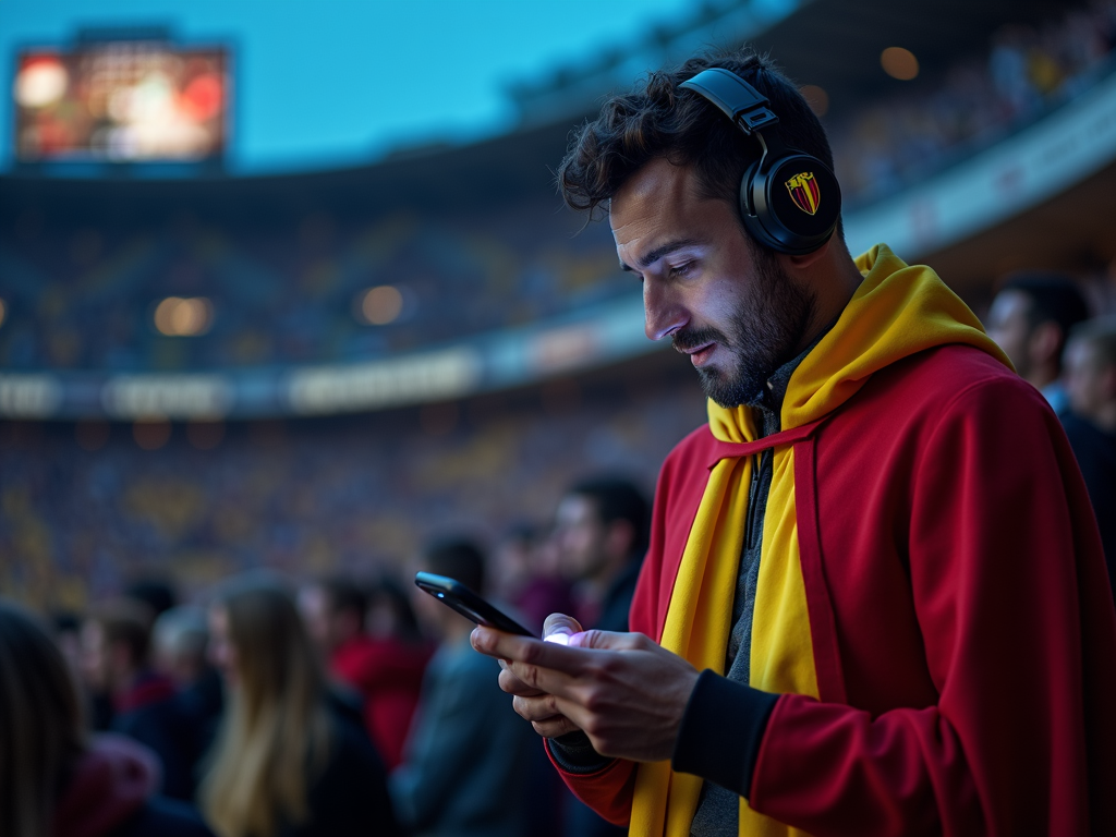 Un homme souriant vérifie les cotes de Magic Betting Sport sur son smartphone, illustrant l'essor des paris sportifs en Belgique en 2025