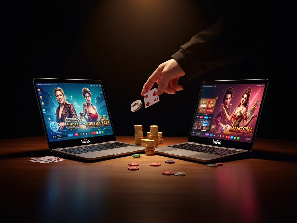 Deux personnes souriantes discutent sur leurs ordinateurs portables en comparant Bwin Casino et Carousel