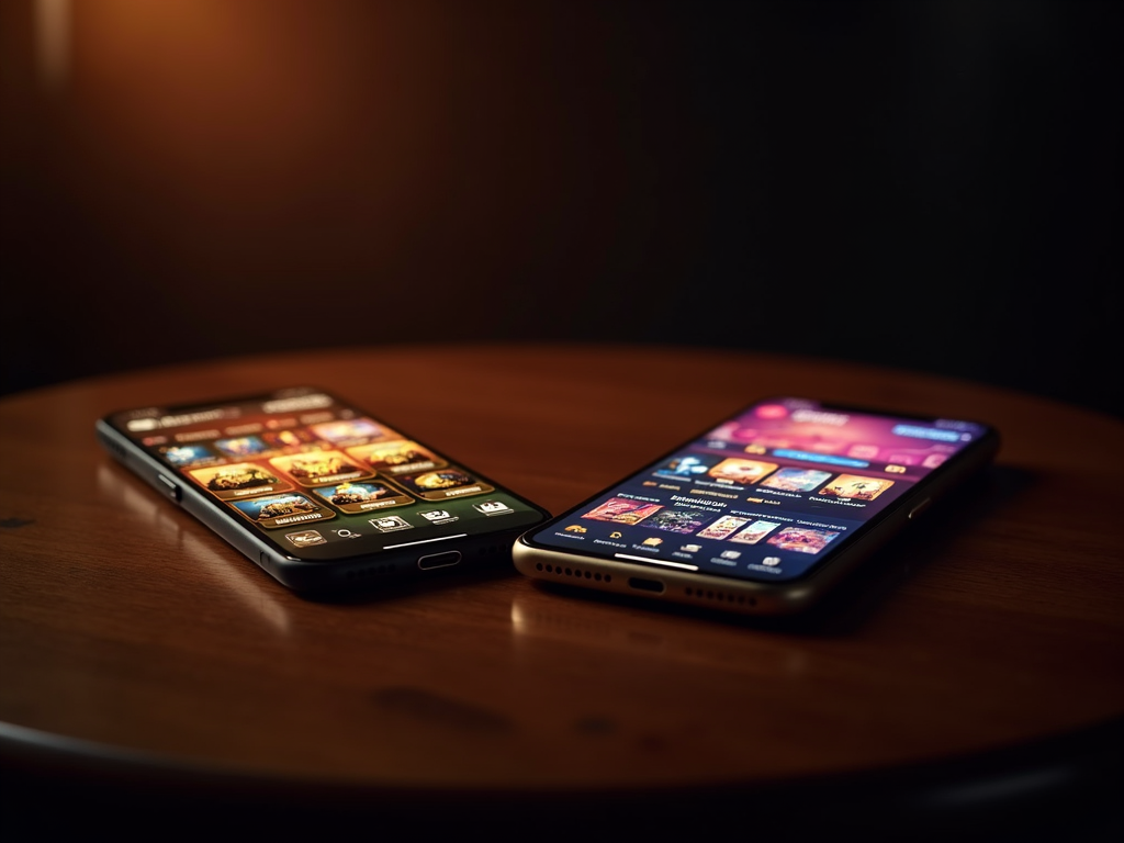 Deux personnes sur un canapé utilisent des smartphones pour comparer les applications de jeux de hasard Golden Palace et Madison