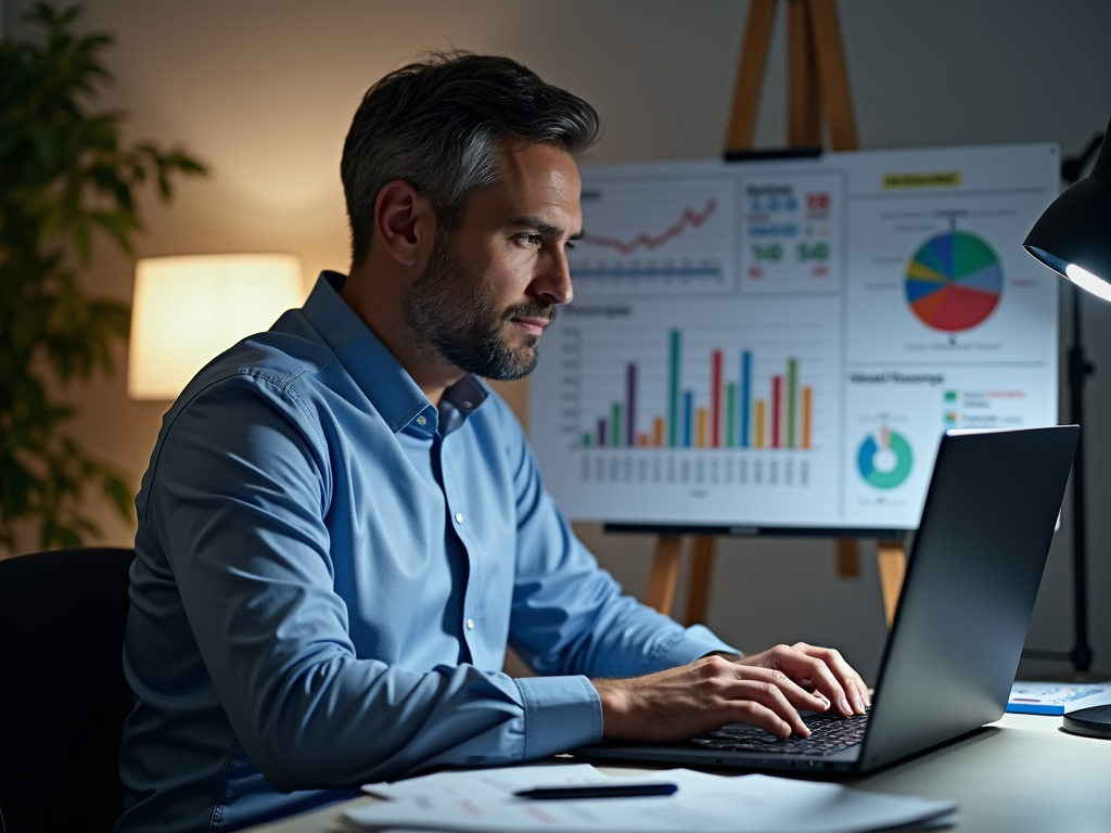 Un homme assis à une table avec un ordinateur portable affichant l'interface de la Française des jeux en ligne, analysant des statistiques pour maximiser ses chances