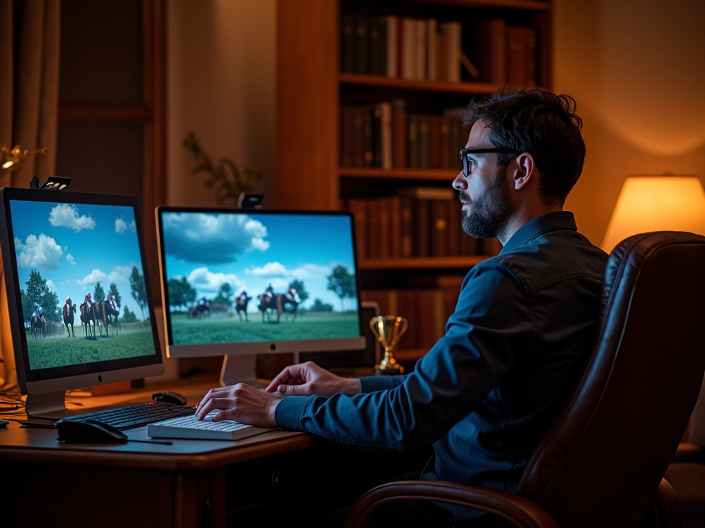 Des personnes regardent un écran d'ordinateur affichant une course de chevaux virtuelle sur Unibet Turf, prêtes à placer des paris hippiques virtuels