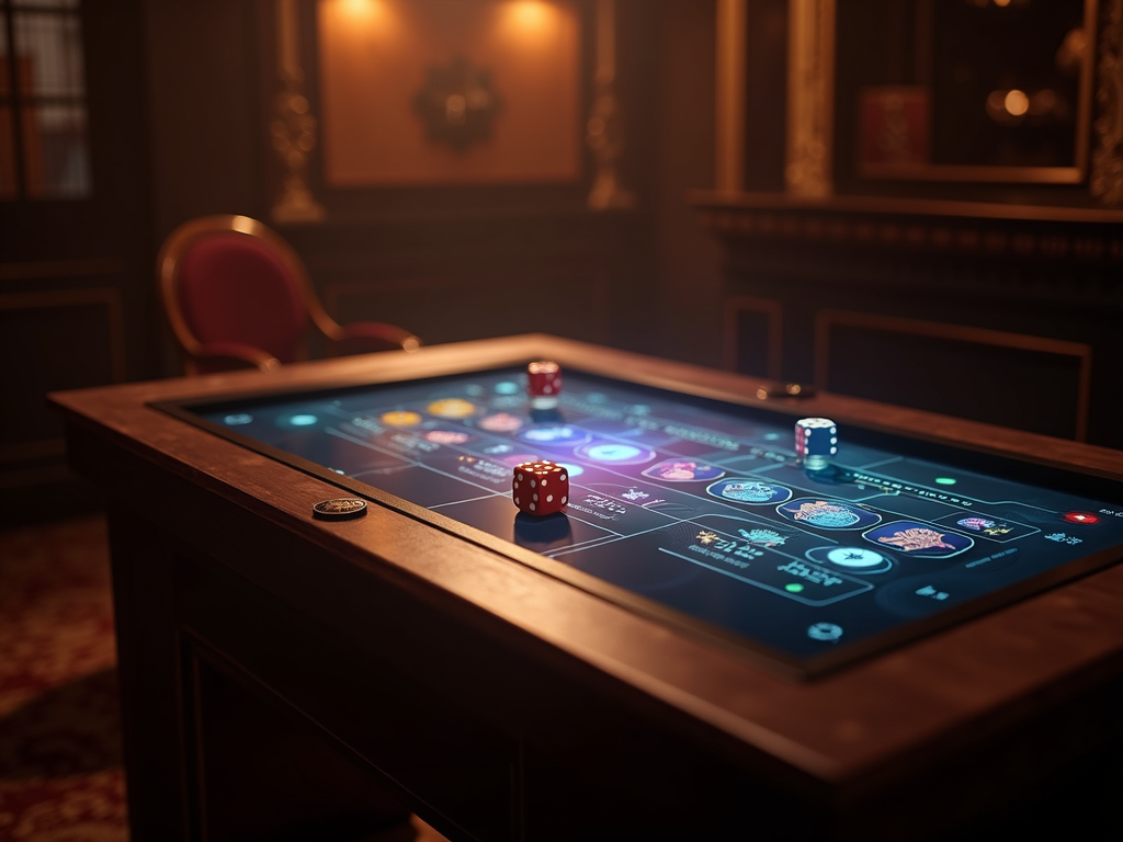 Un groupe d'amis joue aux jeux de dés en ligne sur leurs tablettes dans un salon accueillant, focus sur l'écran montrant une table de jeu numérique Peppermill casino