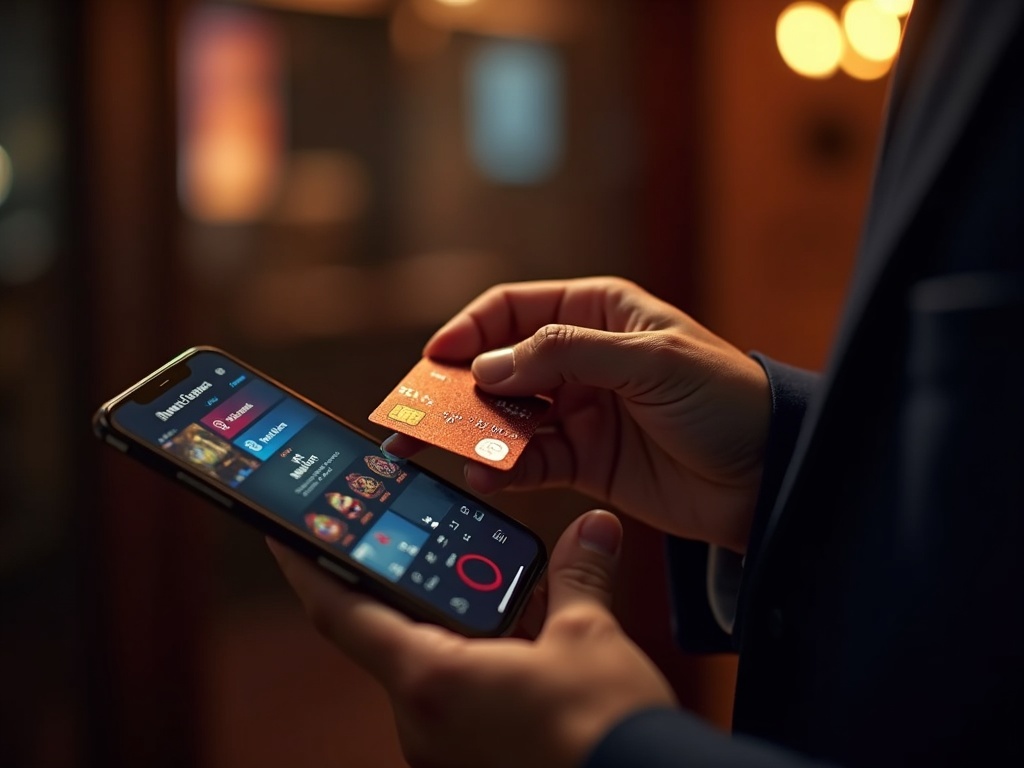Un joueur souriant utilisant un smartphone pour jouer aux casinos en ligne belges dans un café animé