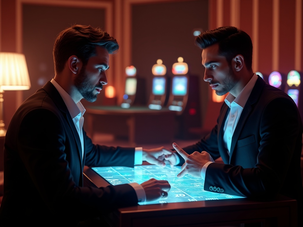 Deux amis discutent dans un salon tout en comparant Versailles Casino et Casino Elite sur leurs ordinateurs portables
