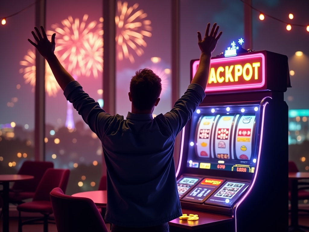 Un homme appuie sur un bouton des machines à sous colorée dans un casino de Bruxelles